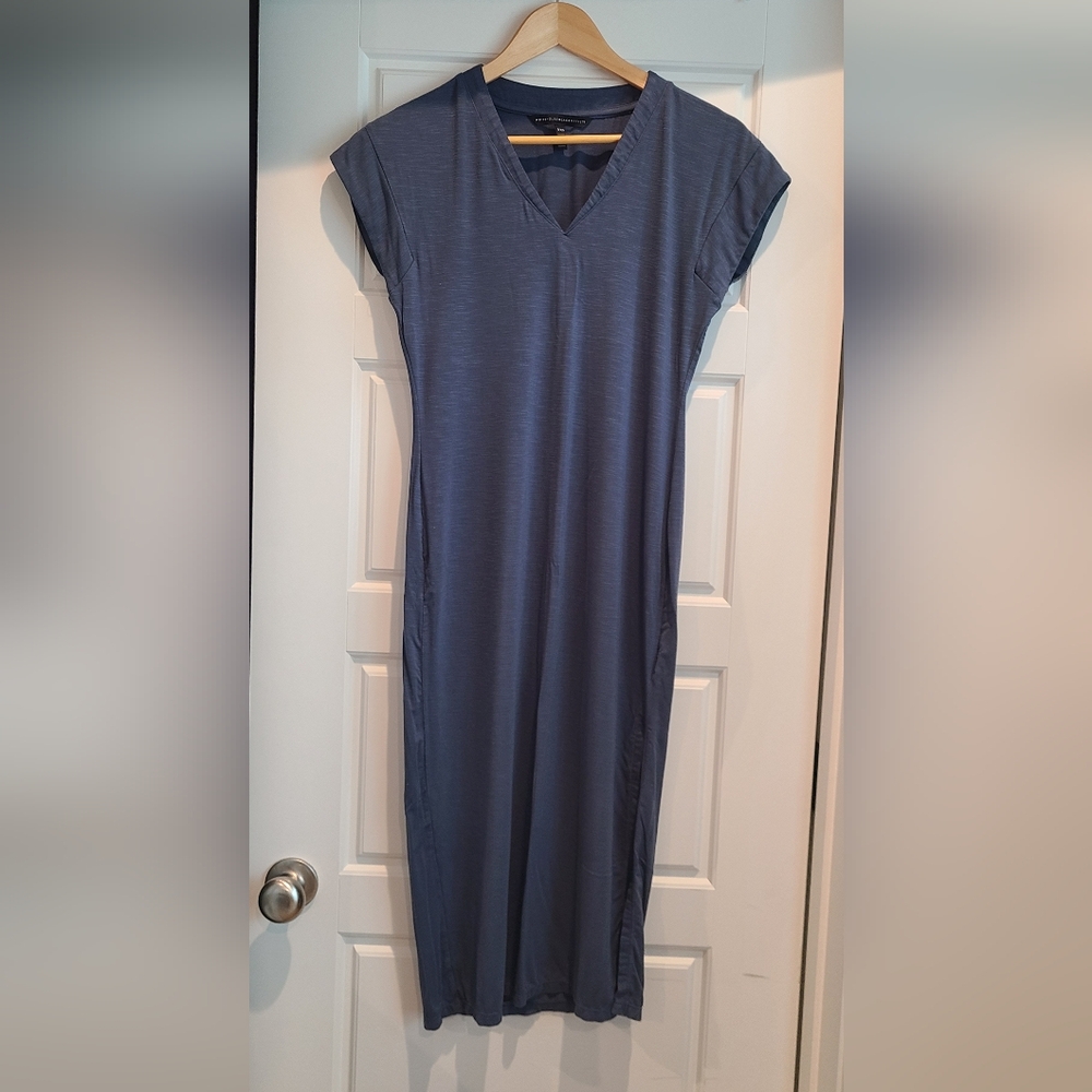WHBM V Neck Cap Sleeve Slub Slit Midi Dress Indigo XXS